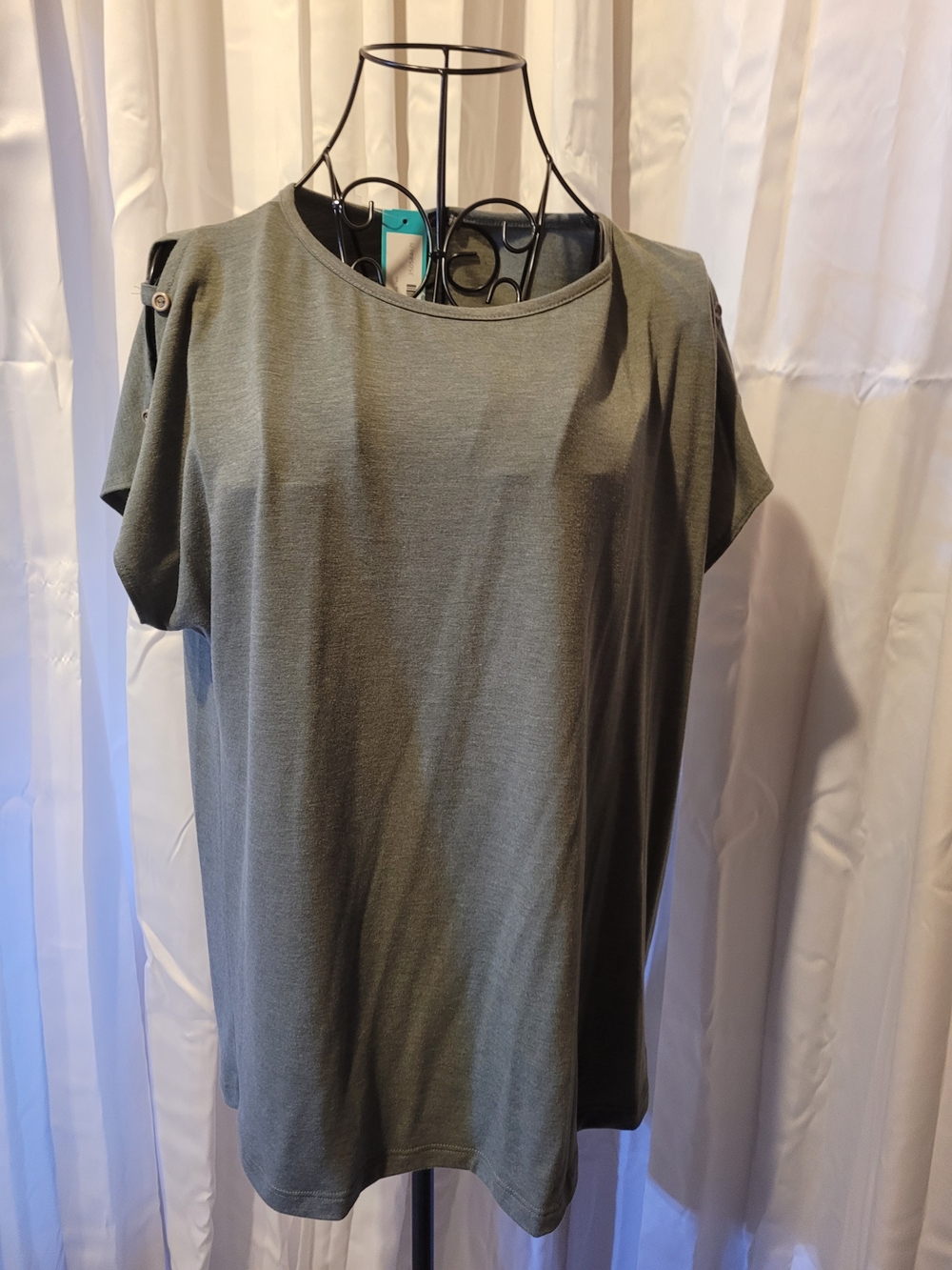 Pink Clover Olive Green Short Sleeve Button-Tab Top
